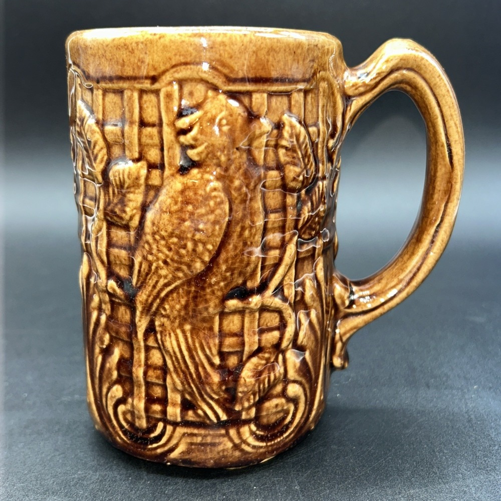 Antique Morton Pottery Primitive Yelloware Glaze Cockatoo Bird Mug c @1910 RARE
